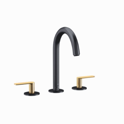 الصورة: 3-Hole Basin Mixer with Pipe Spout - Lever: Gold Matt PVD | Body: Black Matt