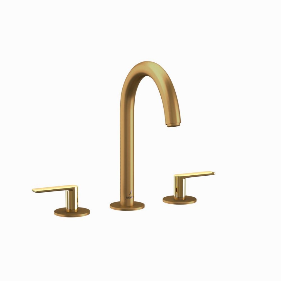 صورة 3-Hole Basin Mixer with Pipe Spout - Lever: Gold Bright PVD | Body: Gold Matt PVD