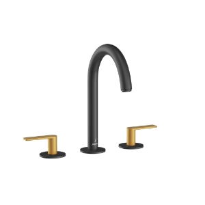 الصورة: 3-Hole Basin Mixer with Pipe Spout - Lever: Gold Matt PVD | Body: Black Matt