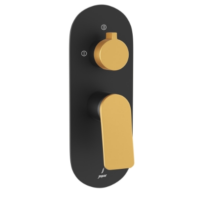 الصورة: مجموعة الأجزاء المكشوفة لخلاط شاور بذراع واحد أكواماكس - الذراع: ذهبي مطفي PVD | الجسم: أسود مطفي