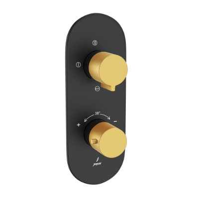 الصورة: خلاط شاور حراري أكواماكس - الذراع: ذهبي مطفي PVD | الجسم: أسود مطفي