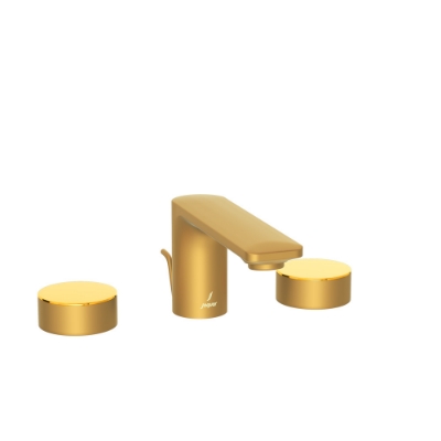 الصورة: خلاط مغسلة بثلاث فتحات له نظام تصريف منبثق - الذراع: ذهبي لامع PVD | الجسم: ذهبي مطفي PVD